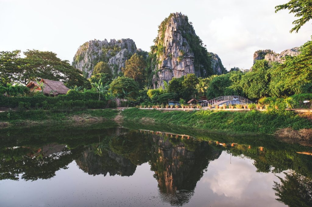 Landscape image of limestone mountains and lake in Noen Maprang , Phitsanulok Thailand