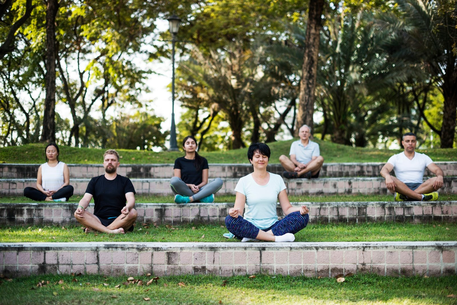 People doing yoga at the park