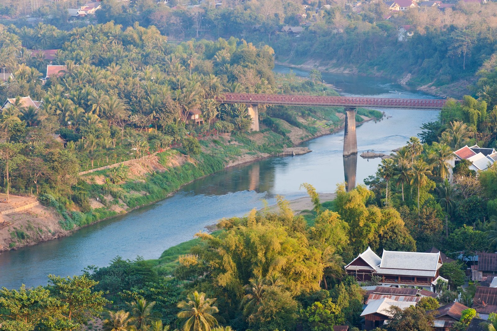 View over Nam Khan River from Wat Phousi Temple, Laos, Southeast Asia